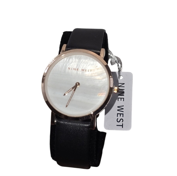 Nine West Women\'s Rose Gold-Tone with Black Leather Strap Watch NWB